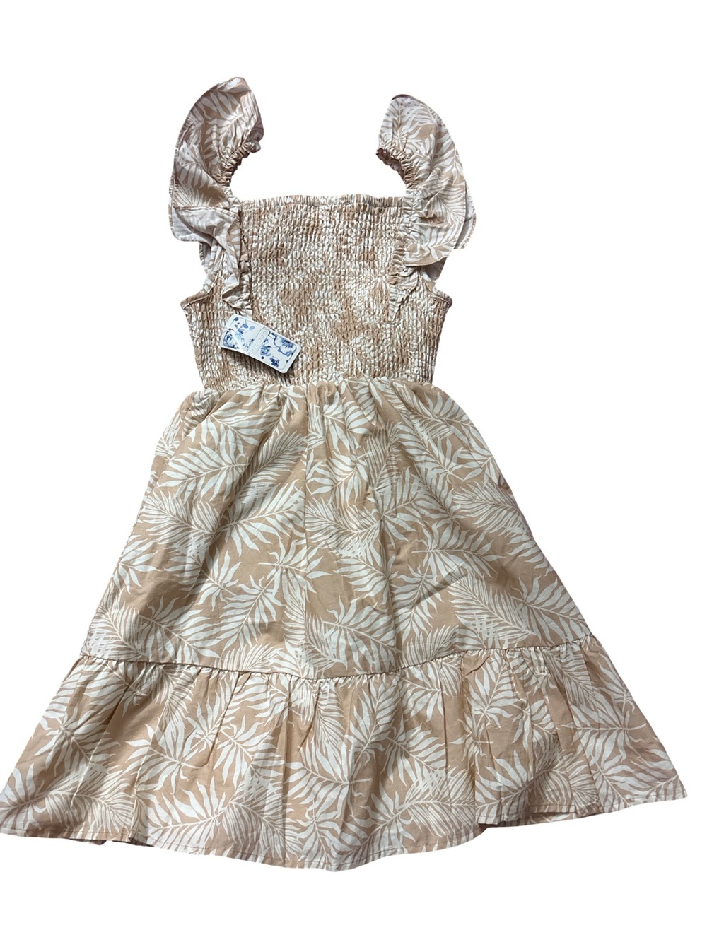 btween Beige and White Leaf-Print Smocked Sundress